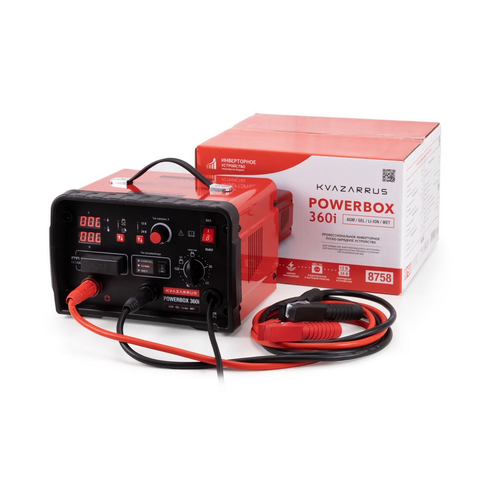Пуско-зарядное устройство KVAZARRUS PowerBox 360i (аккум. 40-800В/Ач, пуск. ток 360А) коробка